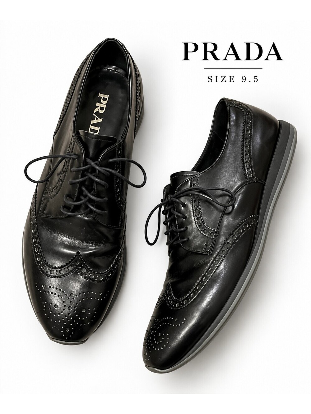 Prada Black Leather Dress Shoe w/ Brogue Detail - Wide EE